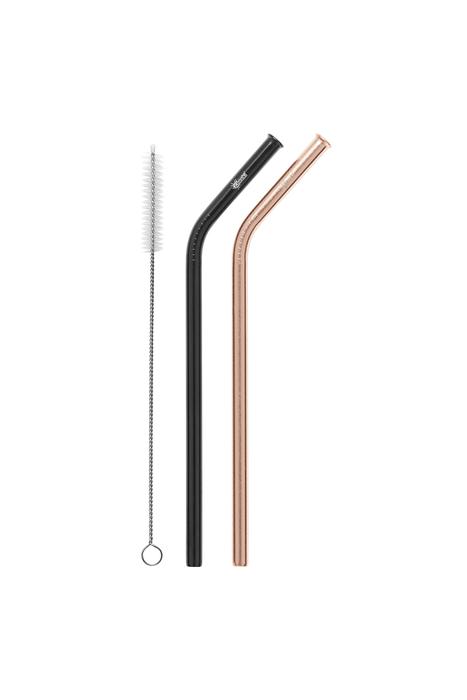 2 Pack Bent Stainless Steel Straws - Rose Gold, Black & Cleaning Brush Cheeki