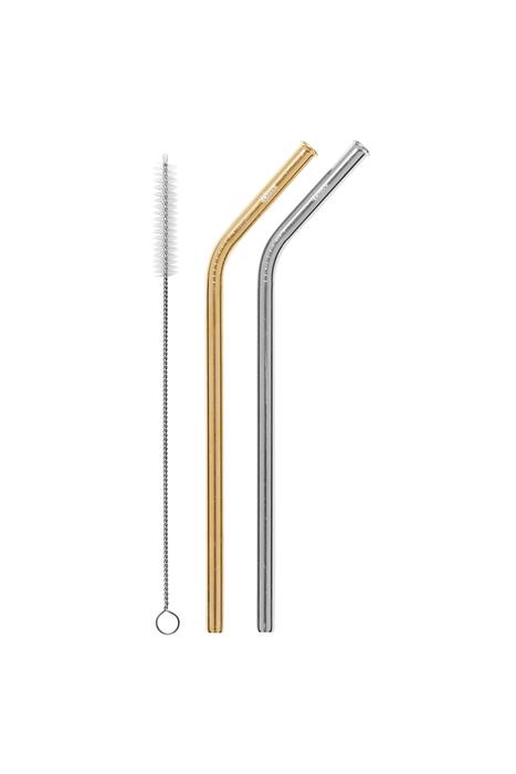 2 Pack Bent Stainless Steel Straws - Silver, Gold & Cleaning Brush
