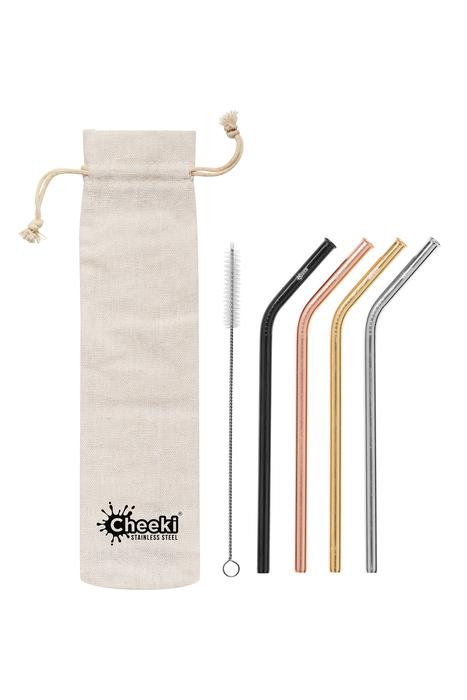 4 Pack Bent Stainless Steel Straws - Silver, Gold, Rose Gold, Black, Cleaning Brush + Bag Cheeki