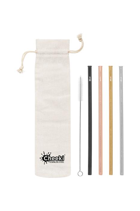 4 Pack Straight Stainless Steel Straws - Silver, Gold, Rose Gold, Black, Cleaning Brush + Bag Cheeki