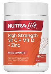 High Strength Vit C + Vit D + Zinc Chewables 120 Tabs Nutra-Life